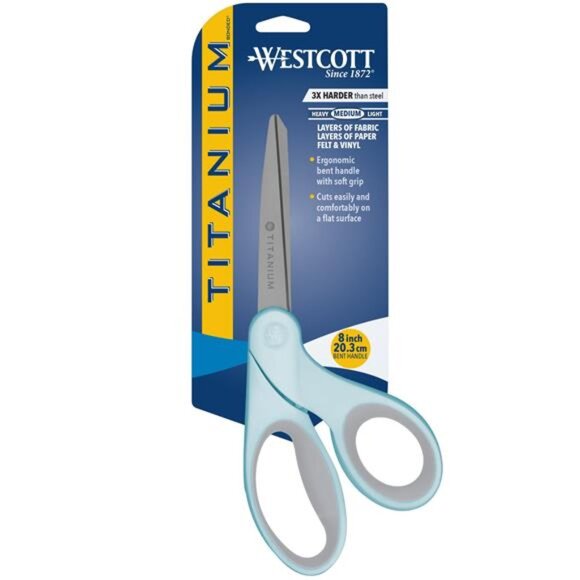 Westcott Titanium Bonded Sewing Scissors, 8", Bent, Blue, 1-Count - Picture 1 of 7